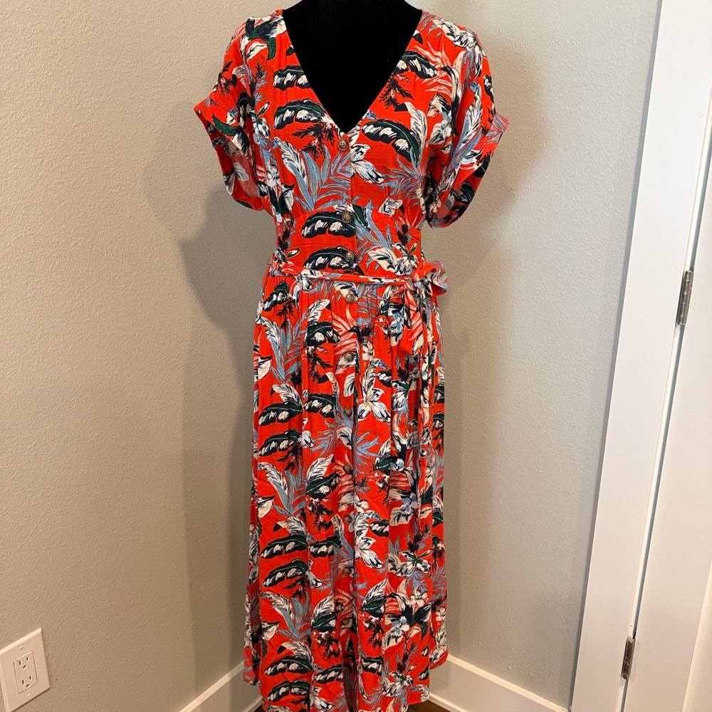 LOFT Vibrant Red and Black Patterned Midi Dress